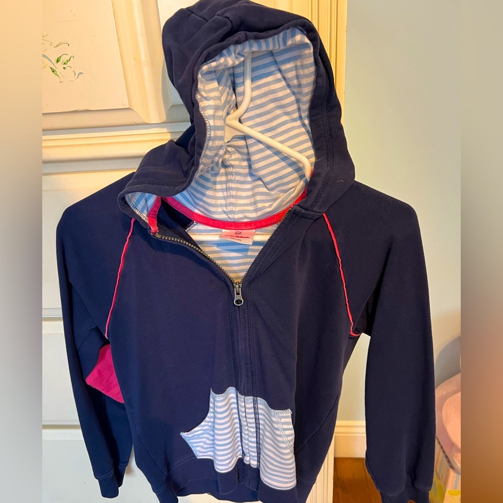 Hanna Anderson Size 140 Navy Full Zip Sweatshirt w/ Pink Piping & Elbow Pads.